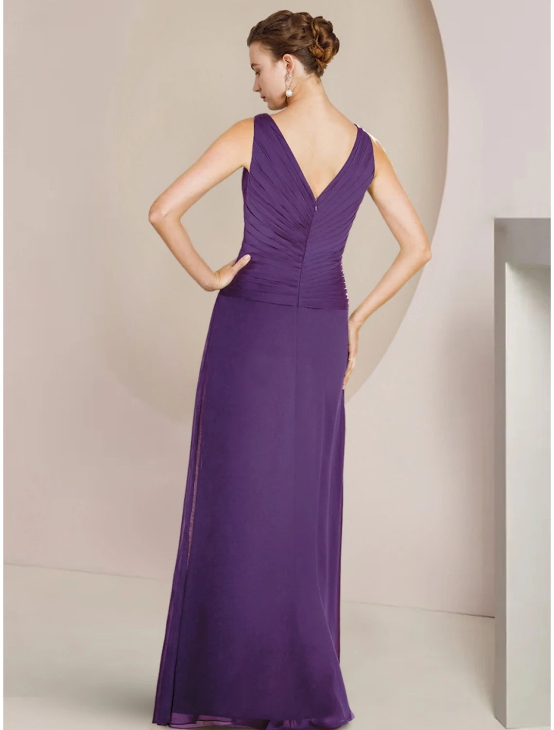 A-Line Mother of the Bride Dress Wedding Guest Elegant V Neck Floor Length Chiffon Long Sleeve with Ruffles
