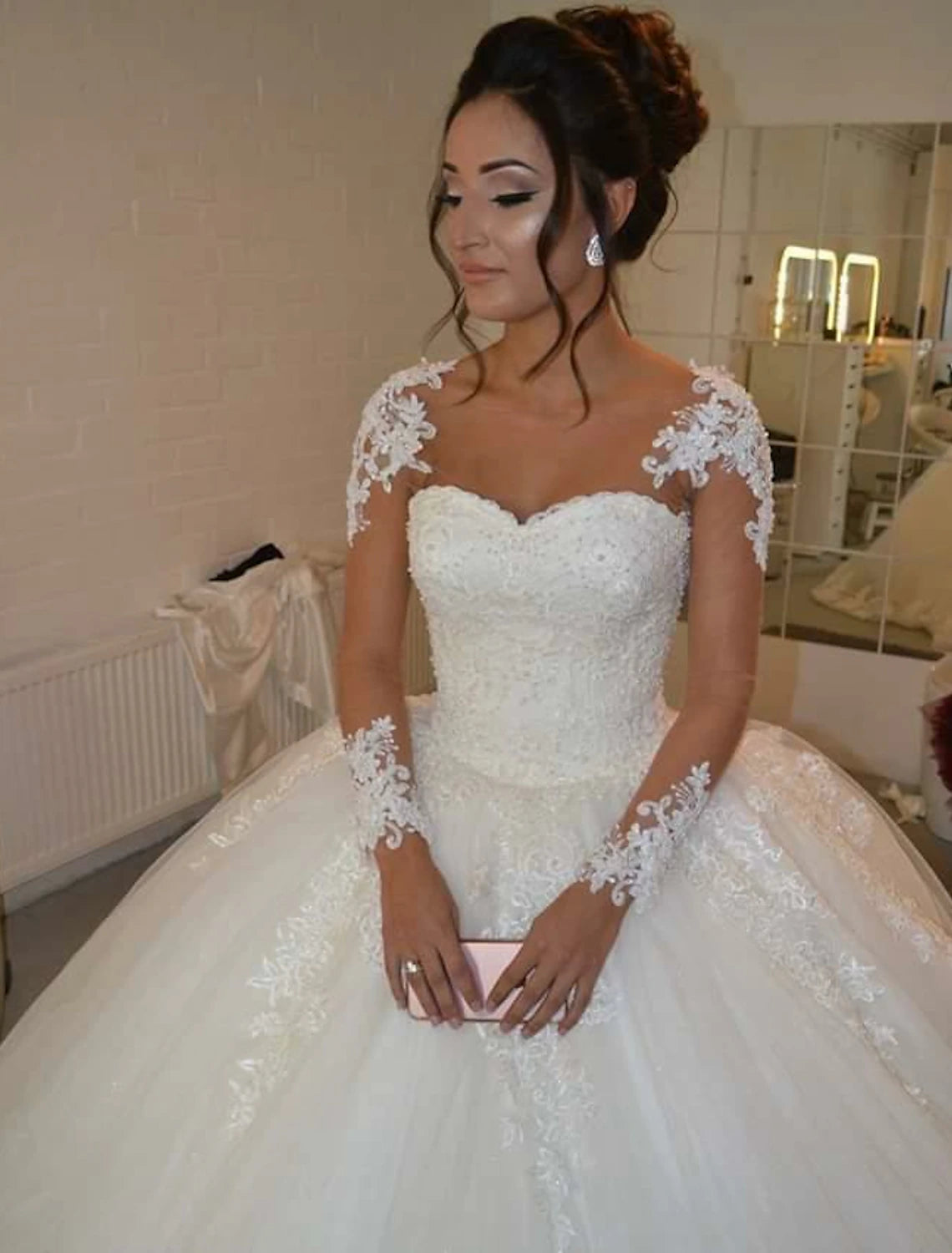 Engagement Formal Wedding Dresses Ball Gown Sweetheart Long Sleeve Floor Length Lace Bridal Gowns