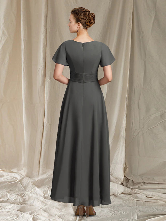 A-Line Mother of the Bride Dress Elegant V Neck Ankle Length Chiffon Short Sleeve with Pleats