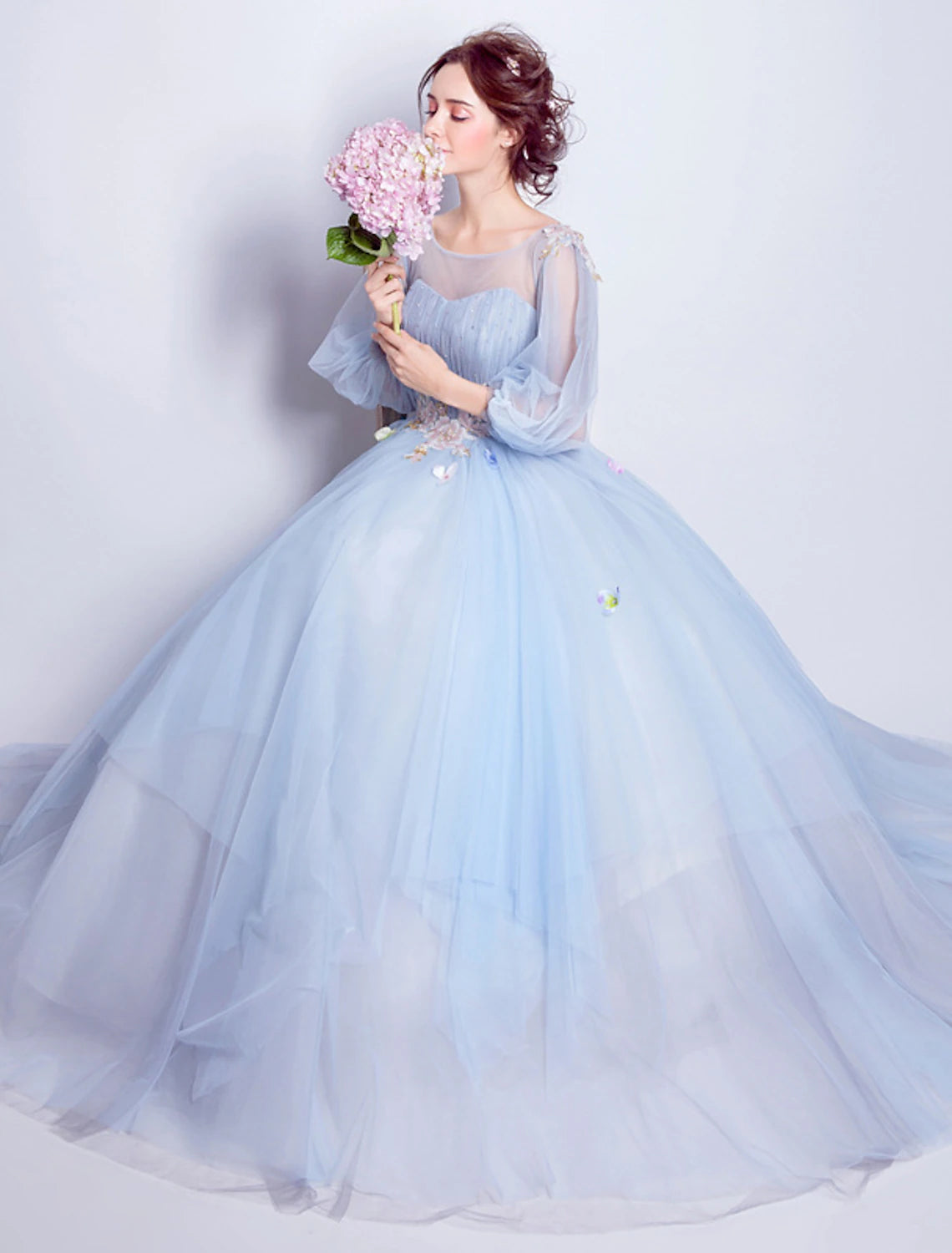 Ball Gown Prom Dresses Elegant Dress Quinceanera Engagement Floor Length 3/4 Length Sleeve Illusion Neck Tulle