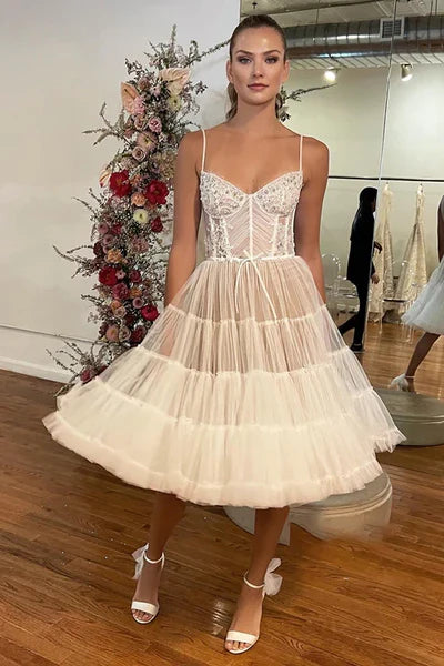 Spaghetti Straps Beads A-line Bohemian Wedding Dress Short Sexy