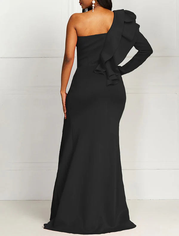 Mermaid / Trumpet Evening Gown Elegant Dress Formal Evening Floor Length Long Sleeve One Shoulder Fall Wedding Guest Stretch Fabric with Ruffles