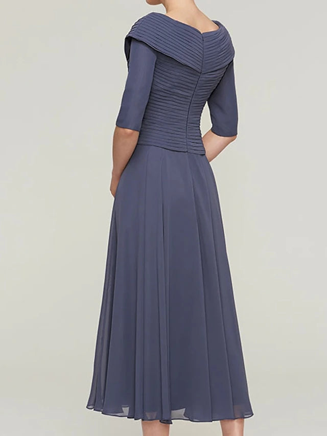 A-Line Mother of the Bride Dress Plus Size V Neck Ankle Length Chiffon Half Sleeve