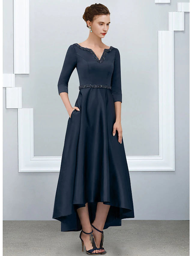 A-Line Mother of the Bride Dress Elegant High Low V Neck Asymmetrical Ankle Length Satin Half Sleeve