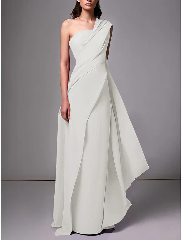 Sheath Evening Gown Red Green Dress Elegant Dress Formal Sweep / Brush Train Sleeveless One Shoulder Stretch Chiffon with Pleats