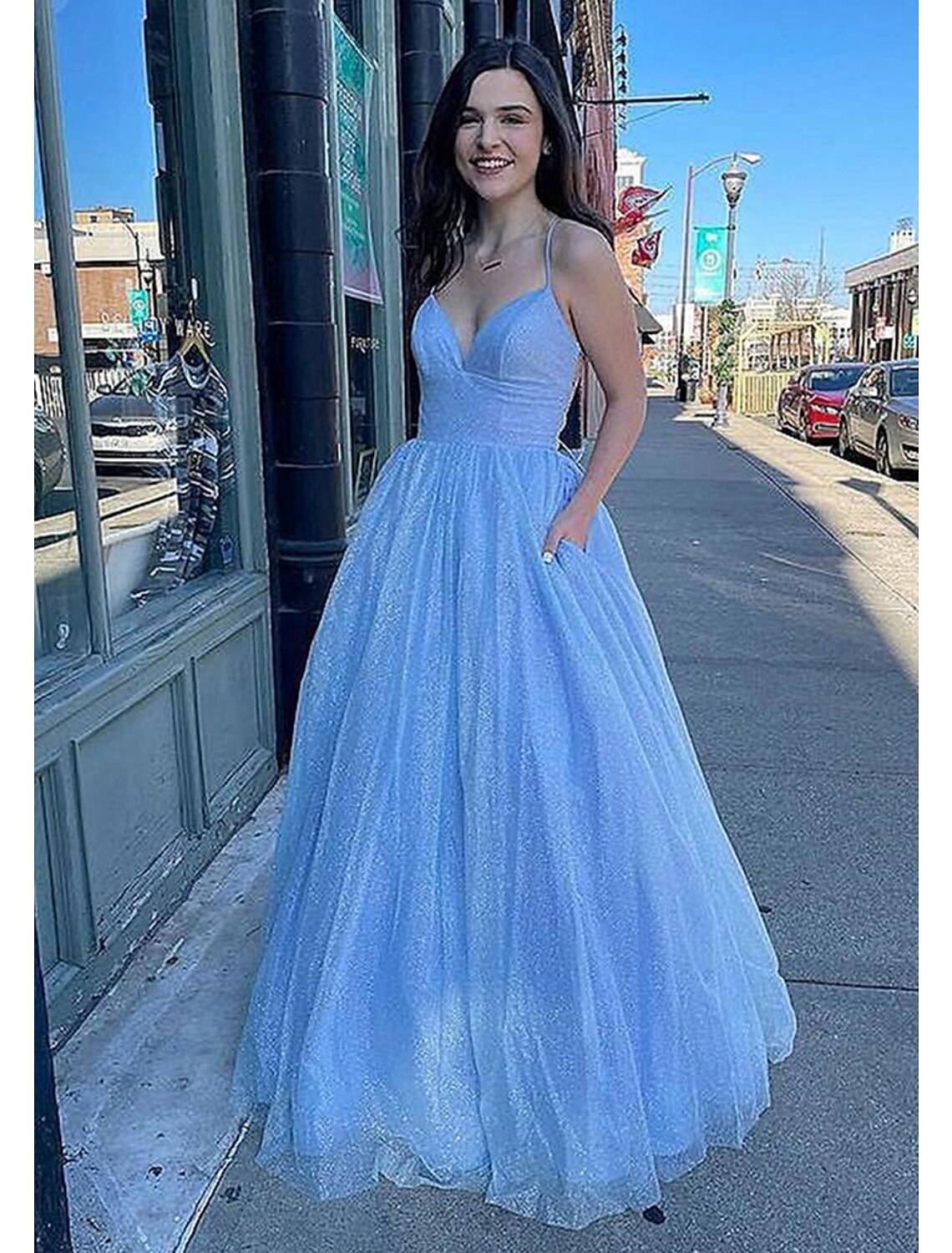 Ball Gown A-Line Prom Dresses Sparkle & Shine Dress Formal Floor Length Sleeveless V Neck Tulle Backless