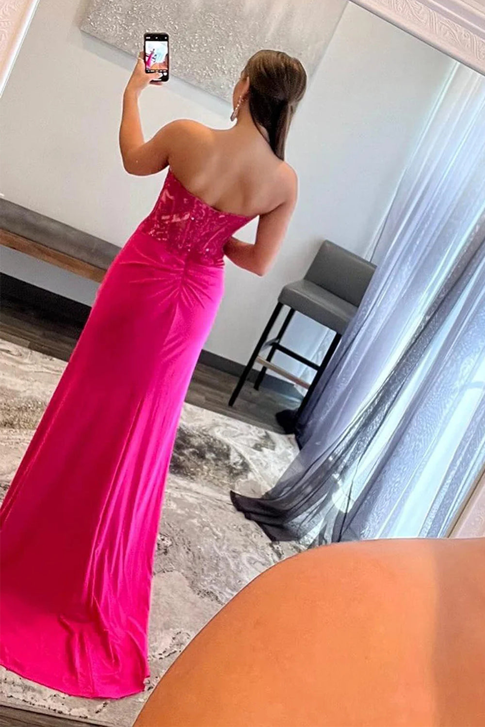 Sparkly Hot Pink Corset Long Prom Dress With Slit Off Shoulder Sexy Evening Dresses