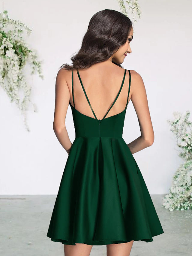 A-Line Bridesmaid Dress V Neck Sleeveless Sexy Short / Mini Satin with Pleats Pure Color