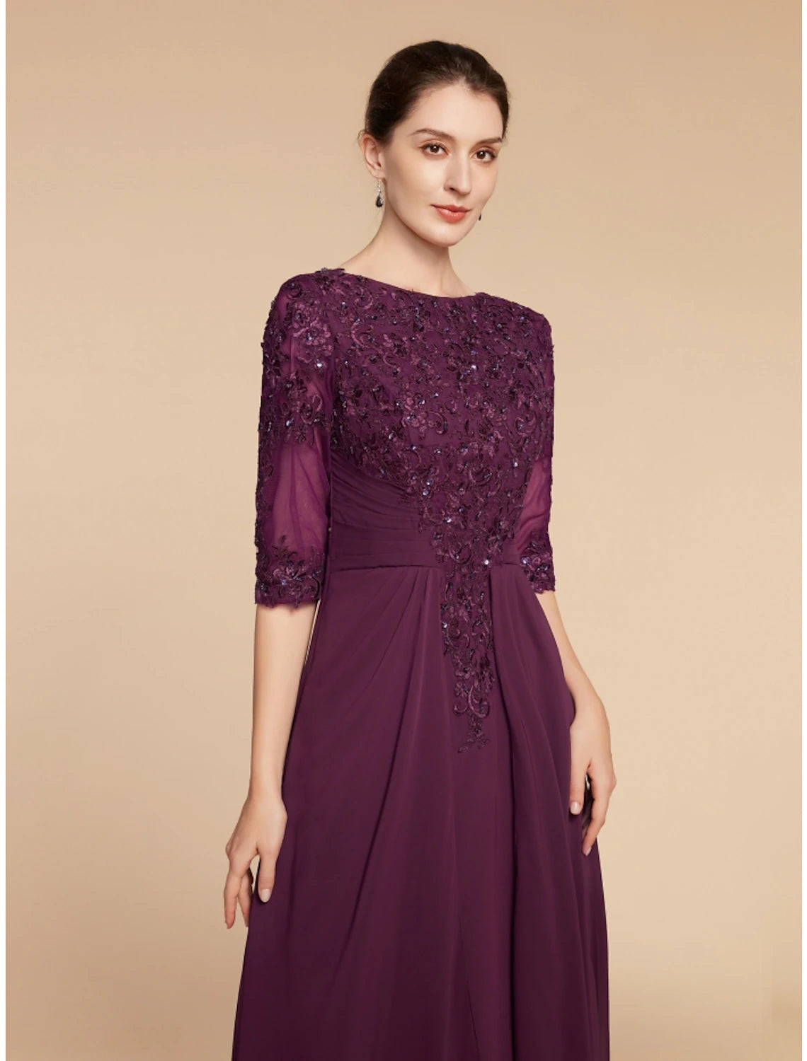 Sheath / Column Mother of the Bride Dress Wedding Guest Elegant Scoop Neck Floor Length Chiffon Lace Half Sleeve with Pleats