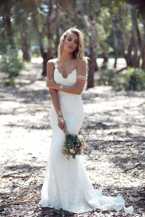 Ivory Beach Wedding Dress Lace Mermaid Wedding Dress Open Back Floor Length Elegant