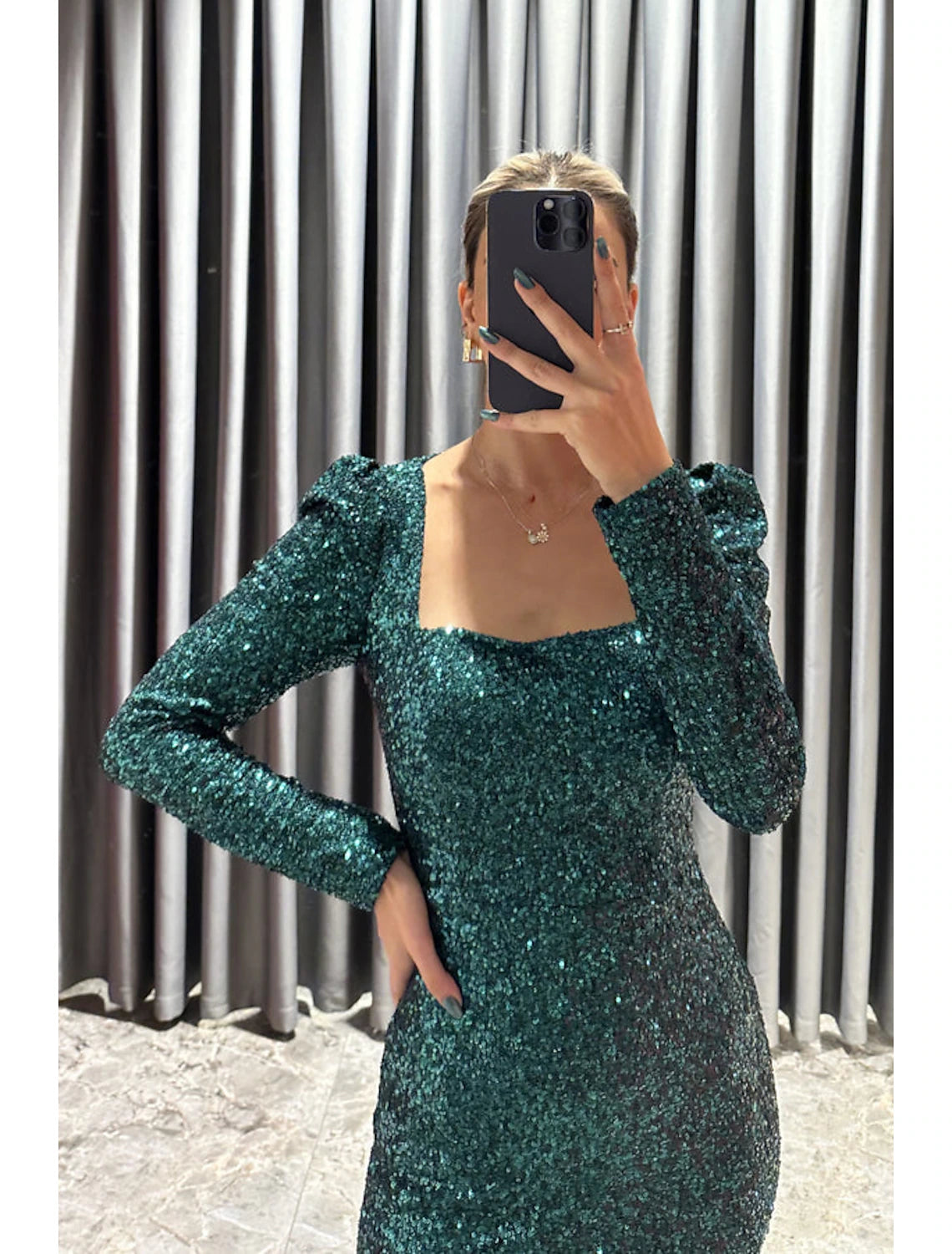 Sheath / Column Evening Gown Elegant Black Dress Formal Fall Tea Length Long Sleeve Square Neck Sequined