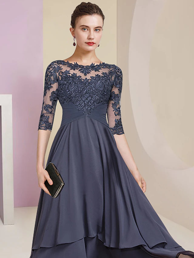 Sheath / Column Mother of the Bride Dress Wedding Guest Party Elegant High Low Jewel Neck Asymmetrical Chiffon Lace Half Sleeve with Pleats