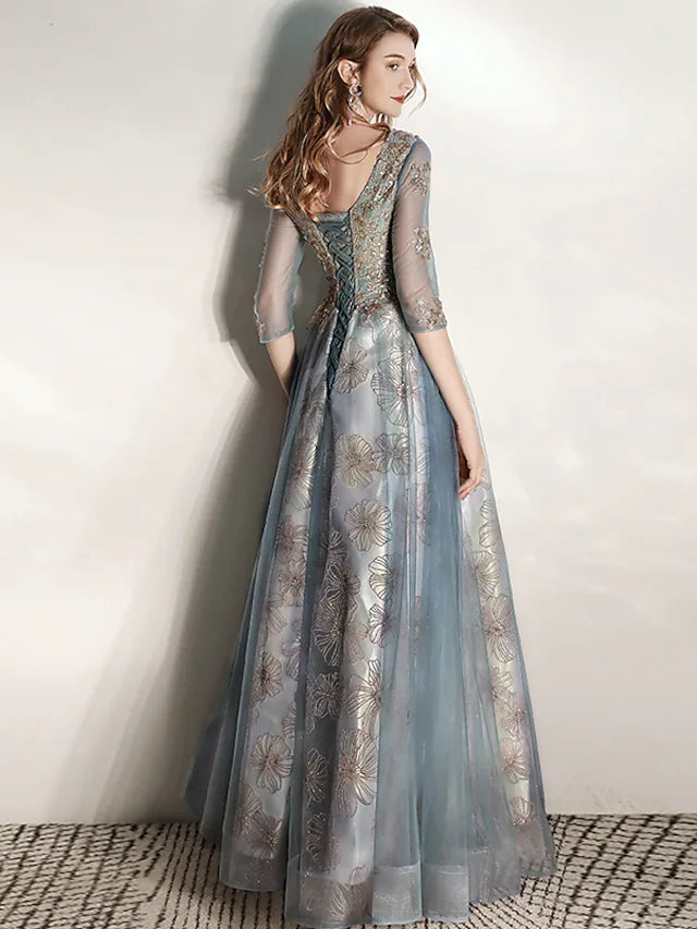 A-Line Prom Dresses Elegant Dress Engagement Floor Length Half Sleeve V Neck Tulle with Pleats Pattern / Print