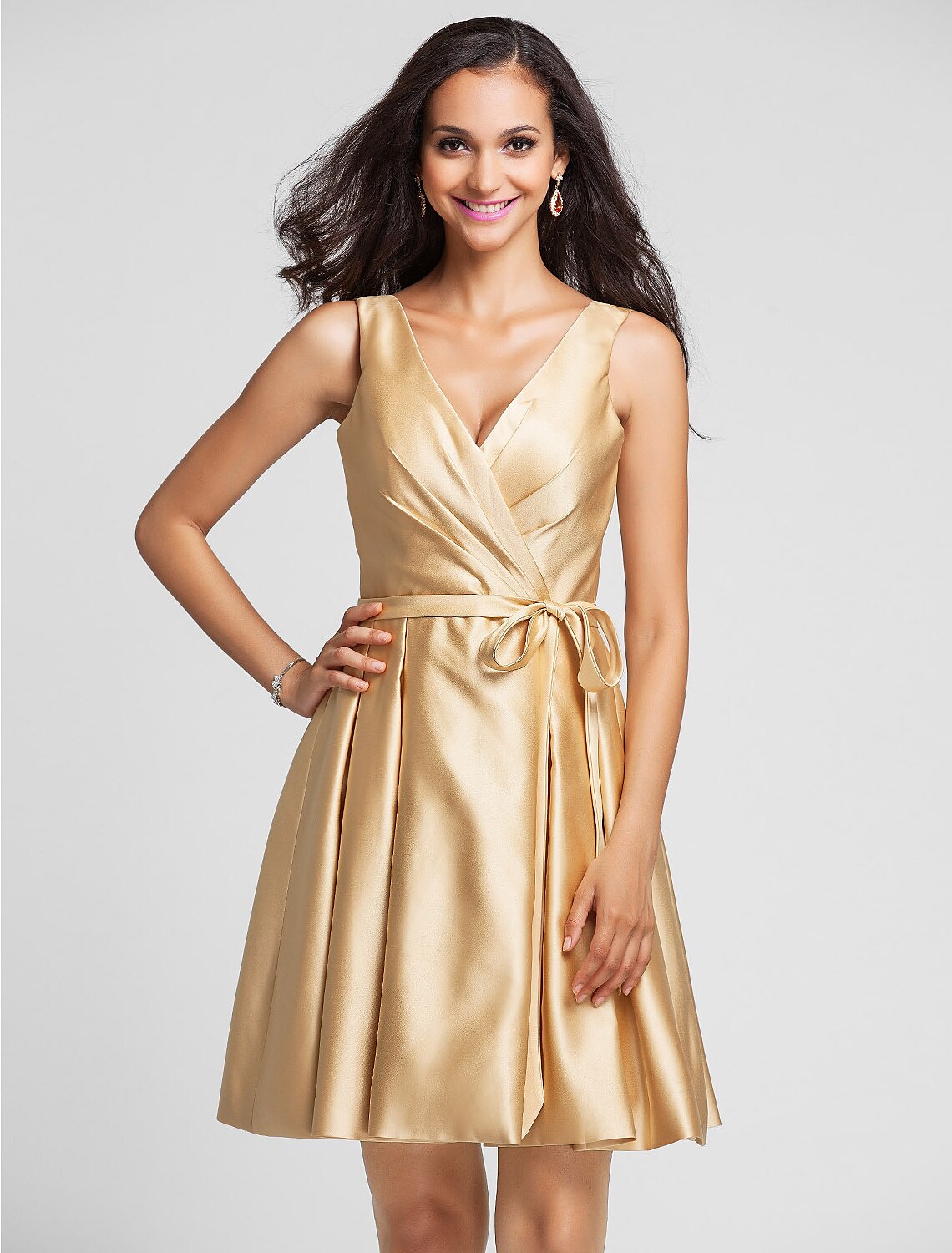 Ball Gown / A-Line V Neck Knee Length Satin Bridesmaid Dress with Sash / Ribbon / Criss Cross