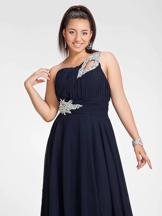 A-Line Cut Out Dress Wedding Guest Sweep / Brush Train Sleeveless One Shoulder Chiffon with Ruched