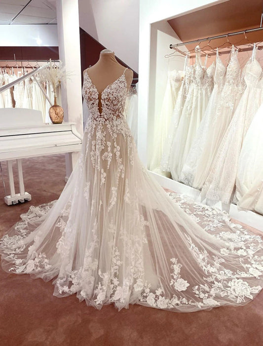 Engagement Open Back Formal Wedding Dresses A-Line Camisole V Neck Spaghetti Strap Chapel Train Lace Bridal Gowns