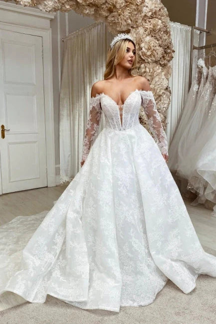 Elegant Wedding Dress A Line Long Sleeves Lace Bridal Dress Off Shoulder with Appliques Sexy