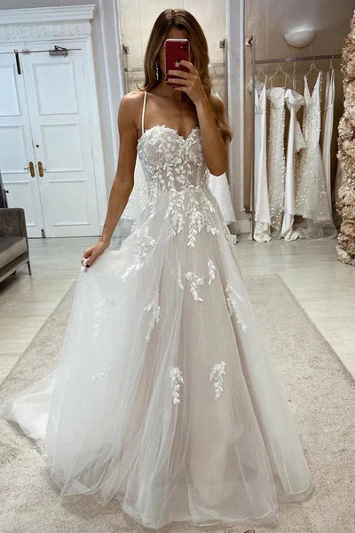 Sweetheart Spaghetti Straps Tulle A-Line With Train Wedding Dress Beautiful