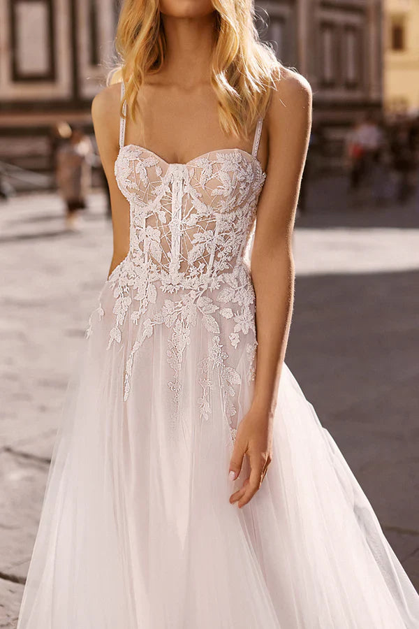 A-line thin shoulder straps lace decals bohemian style wedding dress bride dress Beautiful