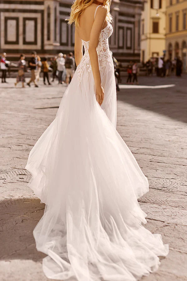 A-line thin shoulder straps lace decals bohemian style wedding dress bride dress Beautiful