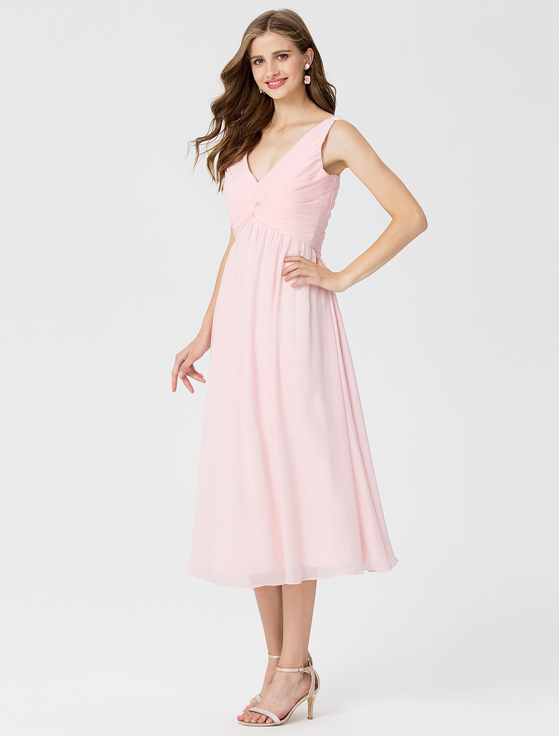 Ball Gown / A-Line V Neck Tea Length Chiffon Bridesmaid Dress with Criss Cross