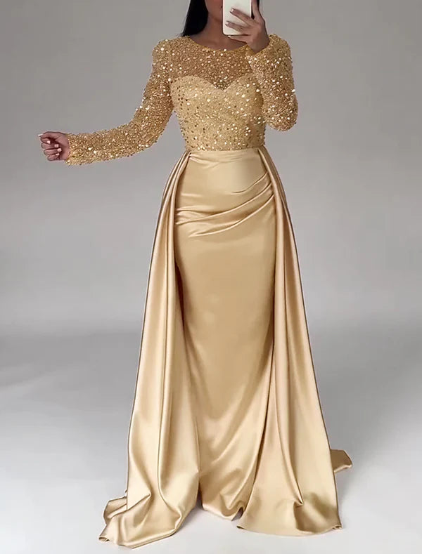Mermaid Sequin Evening Gown Ruched Satin Dress Long Sleeves Floor Length Sparkle Illusion Neck Fall Wedding Guest Dress with Pearls