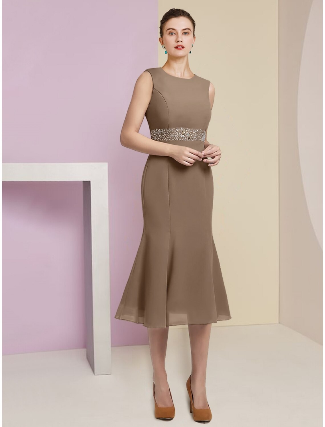 Mermaid / Trumpet Mother of the Bride Dress Wedding Guest Elegant Scoop Neck Tea Length Chiffon Long Sleeve with Crystals