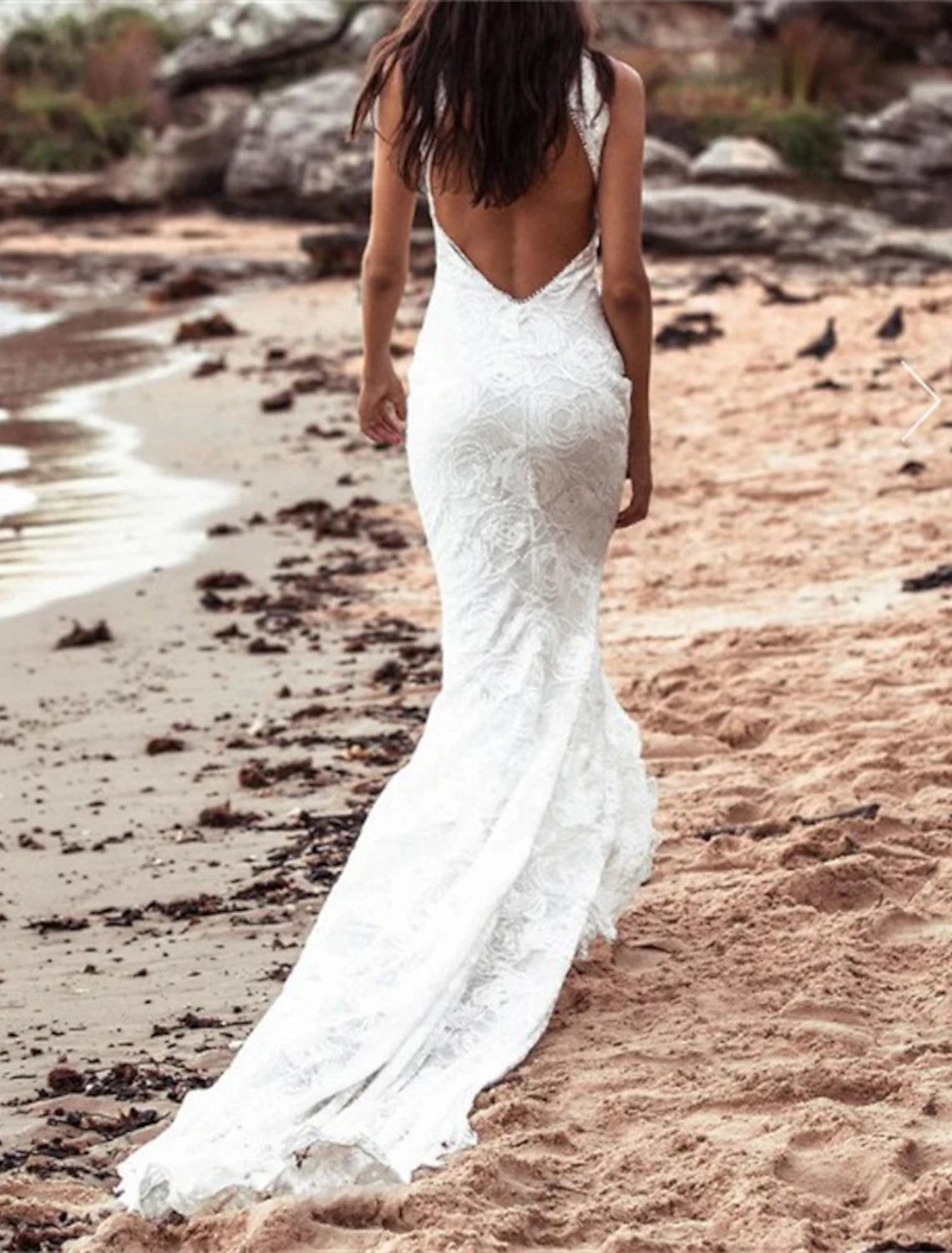 Beach Open Back Boho Wedding Dresses Mermaid / Trumpet Halter Sleeveless Chapel Train Lace Bridal Gowns With Appliques Solid Color Fall Wedding Party