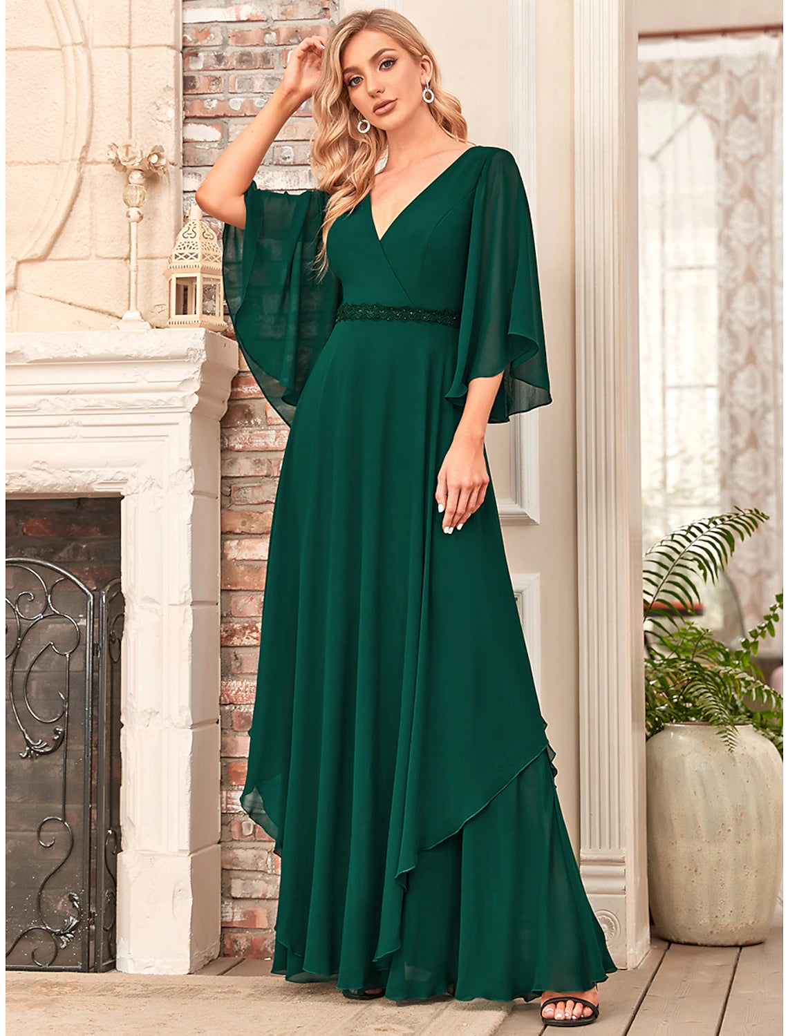 A-Line Mother of the Bride Dress Elegant V Neck Floor Length Chiffon Half Sleeve with Sash