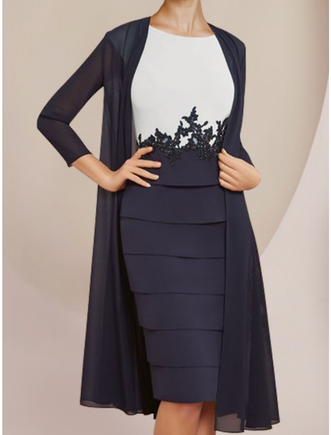 Two Piece Sheath / Column Mother of the Bride Dress Wedding Guest Elegant Petite Scoop Neck Knee Length Chiffon Lace Long Sleeve