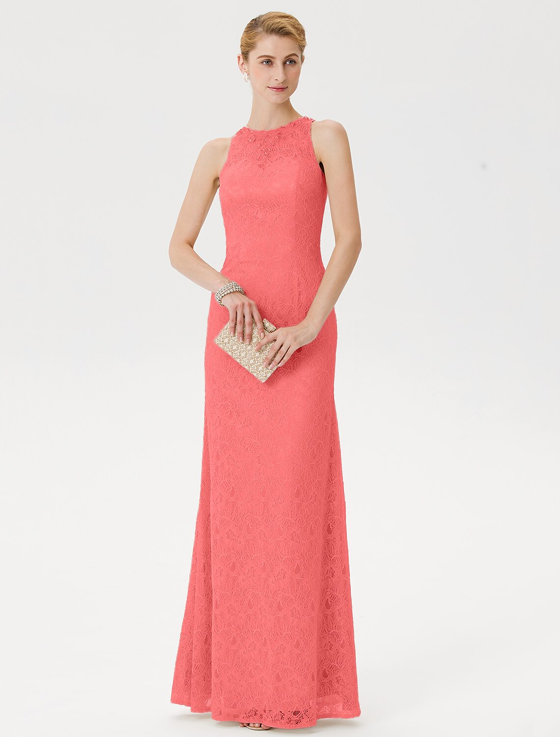 Sheath / Column Mother of the Bride Dress Elegant See Through Illusion Neck Floor Length Lace Sleeveless with Crystals