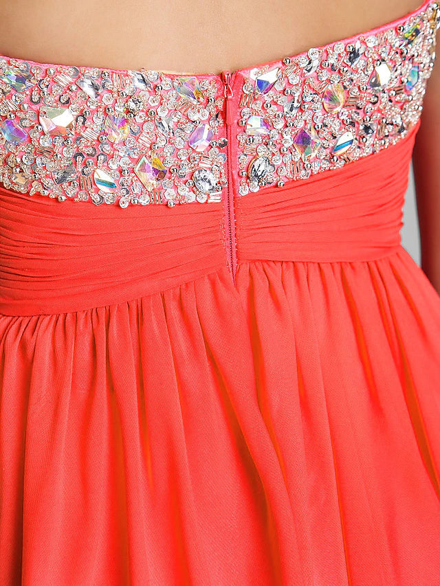 A-Line Cute Dress Wedding Guest Short / Mini Sleeveless Sweetheart Chiffon with Ruched Crystals
