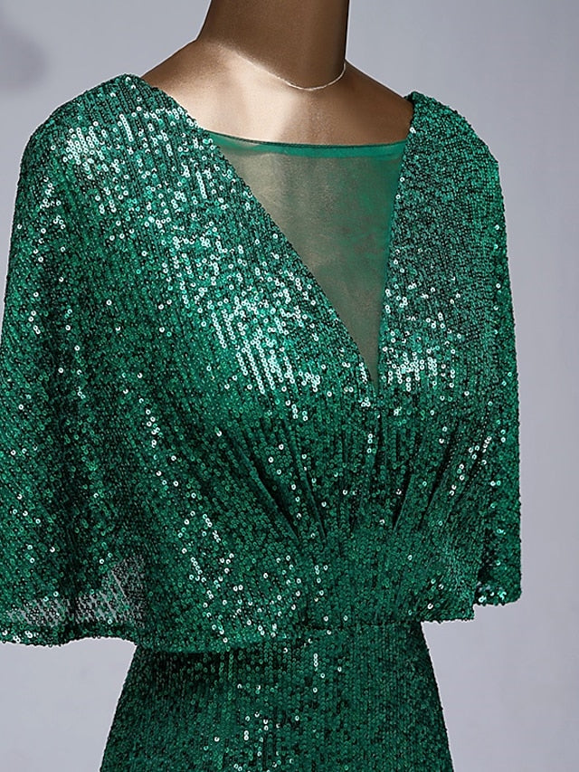 Mermaid / Trumpet Prom Dresses Sparkle Dress Wedding Guest Floor Length Half Sleeve Illusion Neck Sequined with Sequin