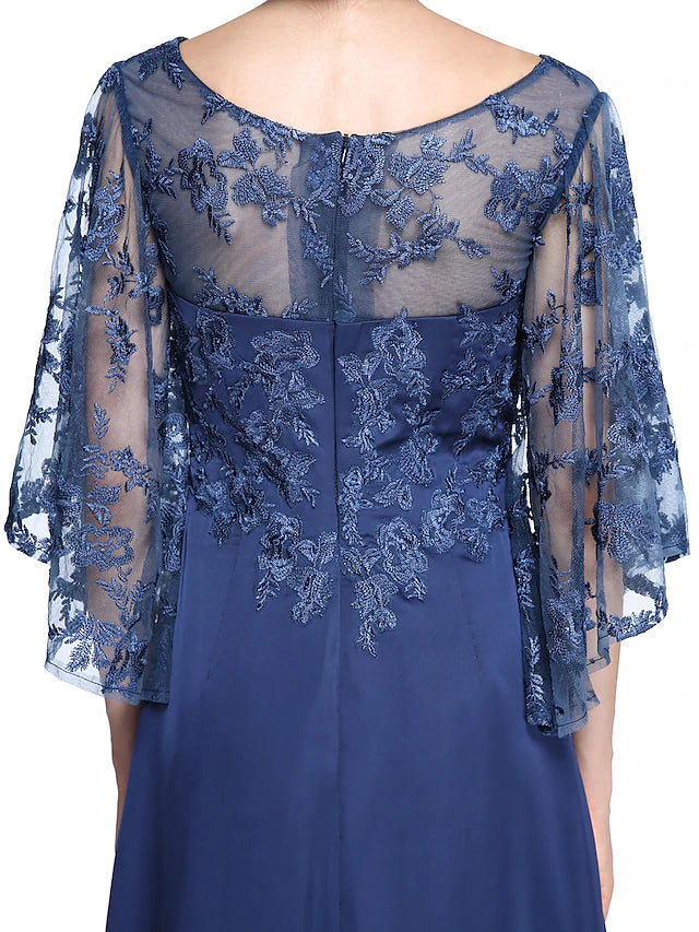Sheath / Column Mother of the Bride Dress Elegant See Through Bateau Neck Ankle Length Chiffon Lace Half Sleeve