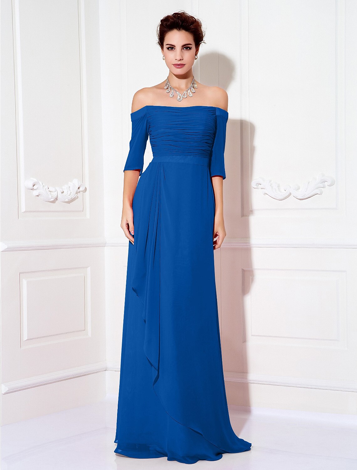 Sheath / Column Minimalist Dress Wedding Guest Formal Evening Sweep / Brush Train Half Sleeve Off Shoulder Bridesmaid Dress Chiffon with Ruched