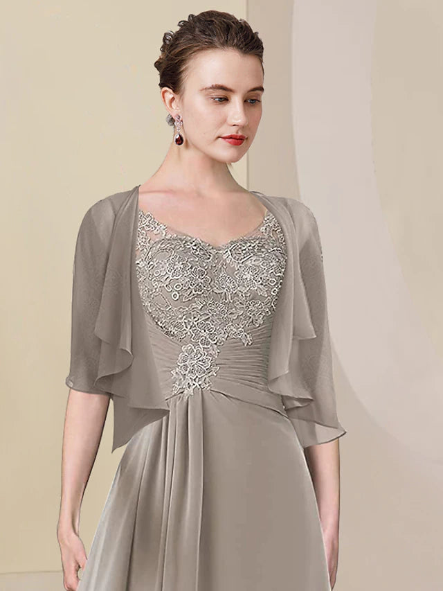 Two Piece A-Line Mother of the Bride Dress Formal Wedding Guest Elegant High Low V Neck Asymmetrical Tea Length Chiffon Lace Half Sleeve Wrap Included with Ruched