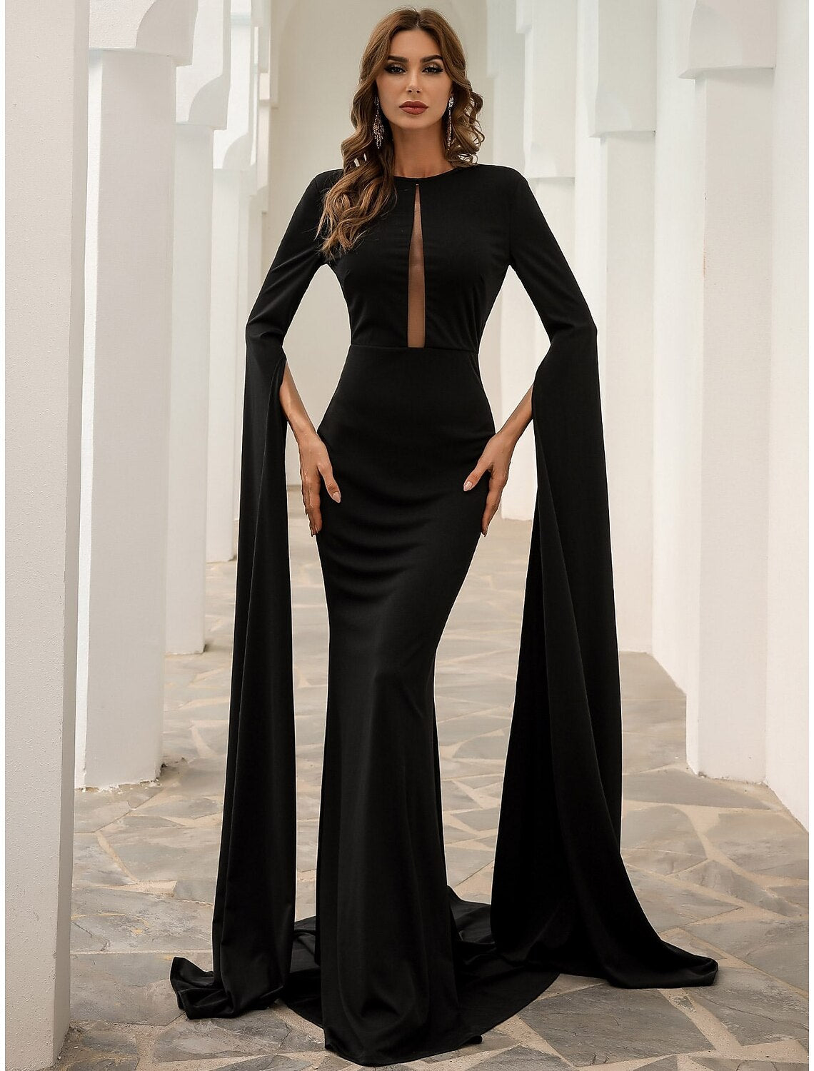 Black Mermaid / Trumpet Evening Gown Elegant Dress Formal Fall Court Train Long Sleeve Jewel Neck Stretch Fabric