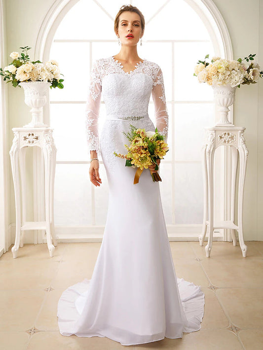 Engagement Open Back Formal Wedding Dresses Court Train Mermaid / Trumpet Long Sleeve Illusion Neck Chiffon With Sash