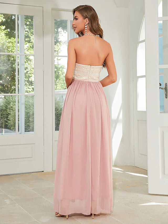 A-Line Wedding Guest Dresses Floral Dress Party Wear Ankle Length Sleeveless Strapless Chiffon Backless