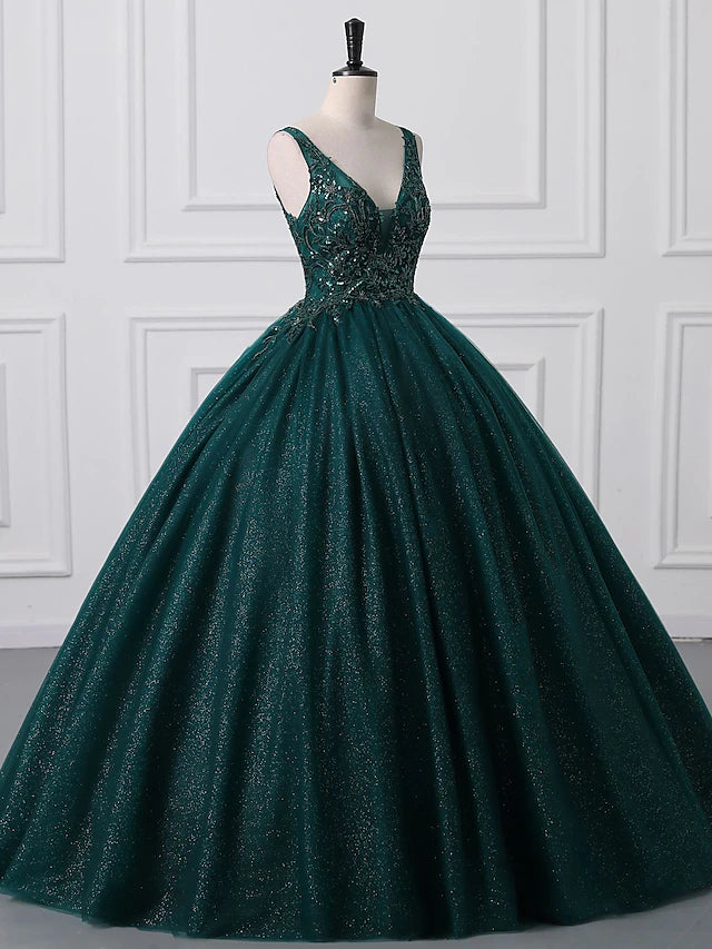 Ball Gown Prom Dresses Sparkle & Shine Dress Quinceanera Floor Length Sleeveless V Neck Tulle with Sequin
