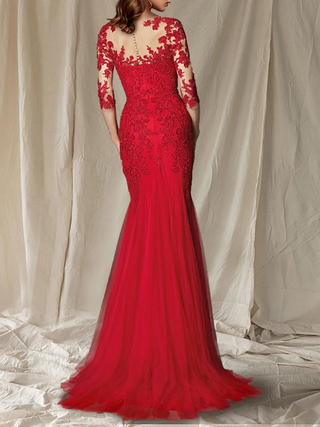 Mermaid / Trumpet Mother of the Bride Dress Luxurious Elegant V Neck Sweep / Brush Train Lace Tulle Half Sleeve with Pleats