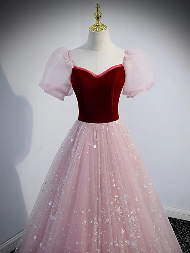 A-Line Prom Dresses Princess Dress Prom Floor Length Short Sleeve Sweetheart Tulle with