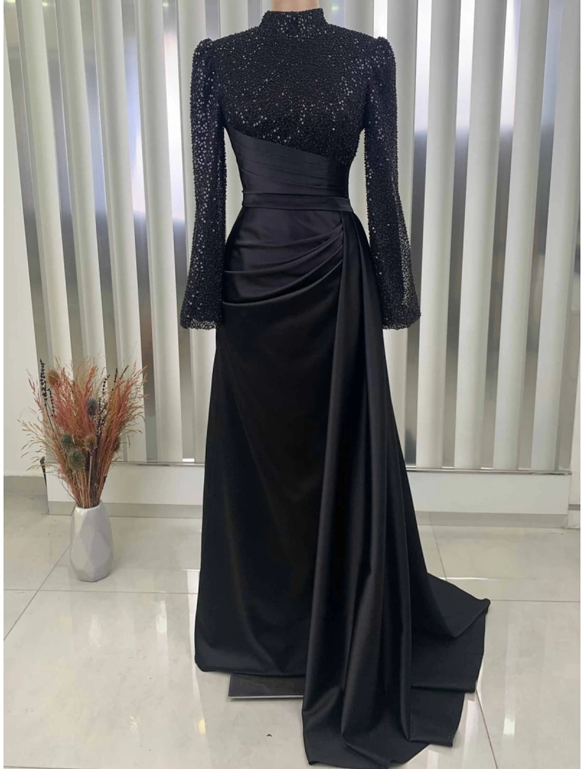 A-Line Evening Gown Champagne Christmas Elegant Dress Formal Sweep / Brush Train Long Sleeve High Neck Satin with Glitter