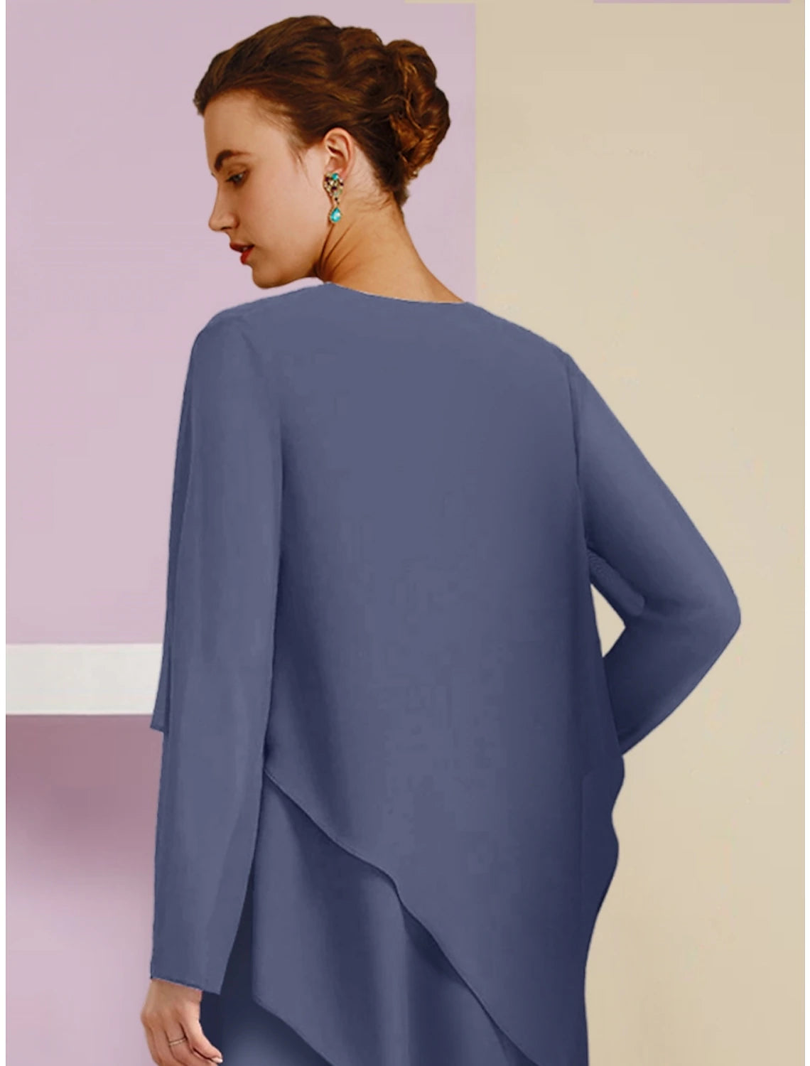 A-Line Mother of the Bride Dress Wedding Guest Elegant Square Neck Ankle Length Chiffon Long Sleeve with Crystal Brooch