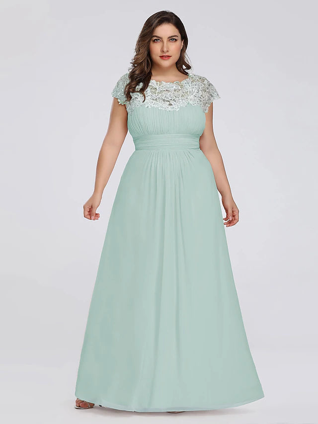 A-Line Mother of the Bride Dress Plus Size Jewel Neck Floor Length Chiffon Short Sleeve with Lace