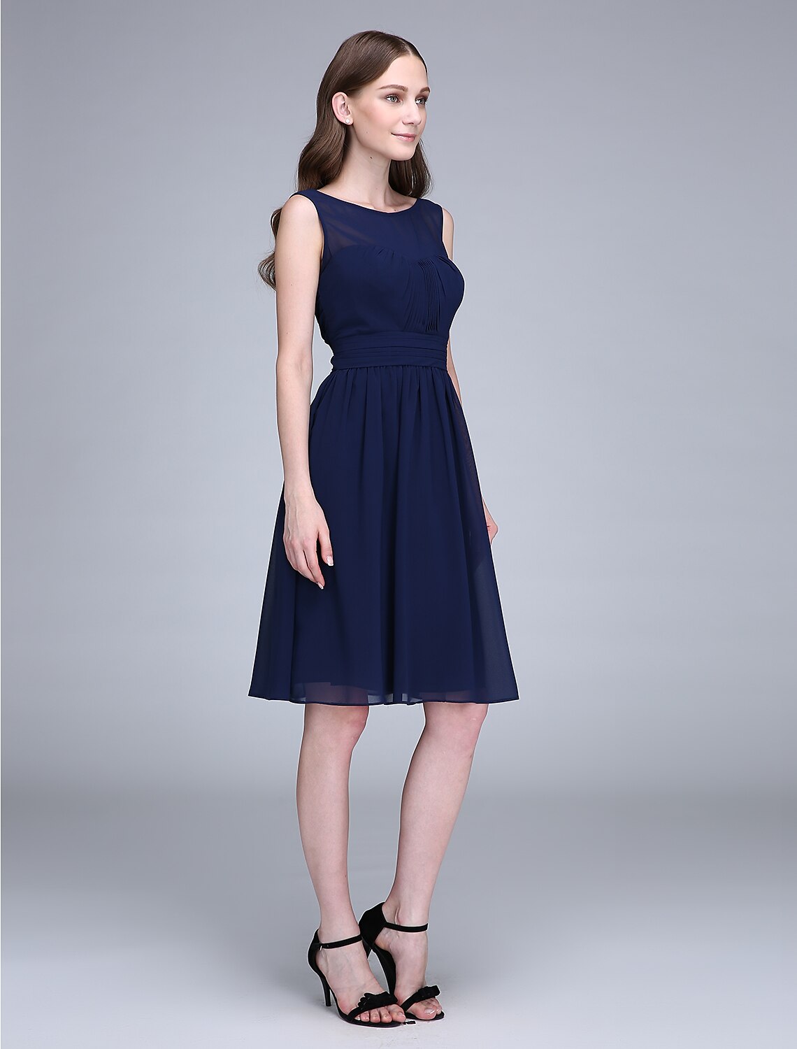 Bridesmaid Dress Jewel Neck Sleeveless Knee Length Chiffon with Ruched