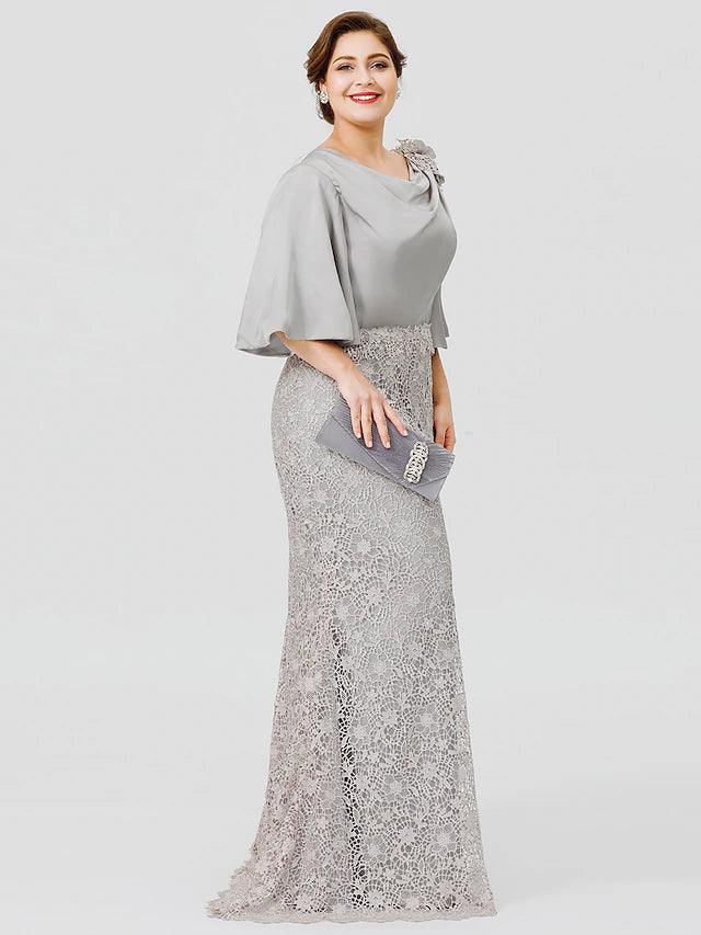Mermaid / Trumpet Mother of the Bride Dress Plus Size Sexy Cowl Neck Sweep / Brush Train Satin Chiffon Lace Over Satin Half Sleeve