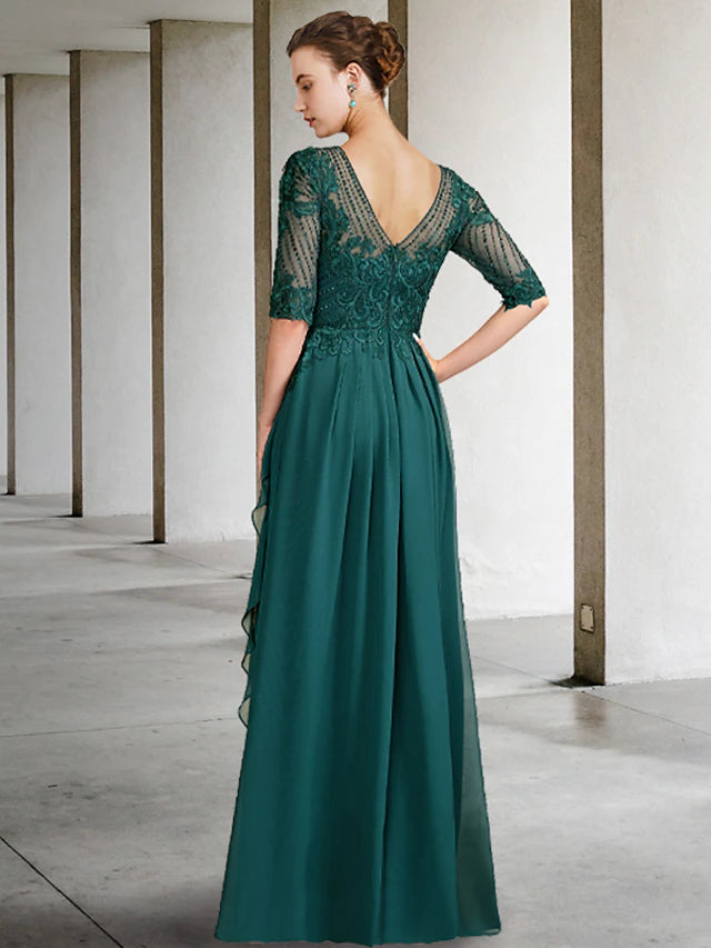 A-Line Mother of the Bride Dress Luxurious Elegant Jewel Neck Floor Length Chiffon Lace Half Sleeve with Pleats Beading