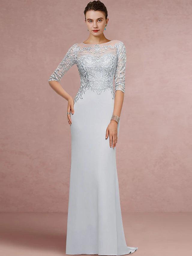 Sheath / Column Mother of the Bride Dress Wedding Guest Vintage Elegant Scoop Neck Sweep / Brush Train Chiffon Lace Half Sleeve