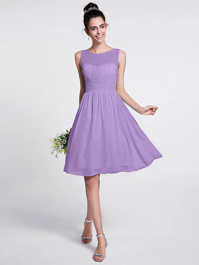 A-Line Bridesmaid Dress Scoop Neck Sleeveless Knee Length Chiffon with Ruched / Draping A-Line Bridesmaid Dress Scoop Neck Sleeveless Knee Length Chiffon with Ruched Pure Color